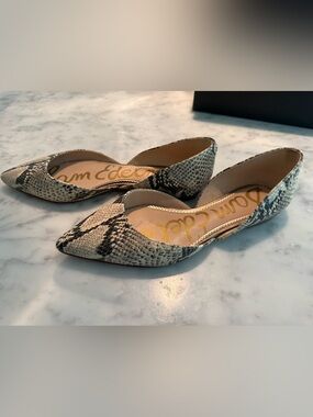 Sam Edelman Snake-Print Pointed D'Orsay Flats in Beige and Black